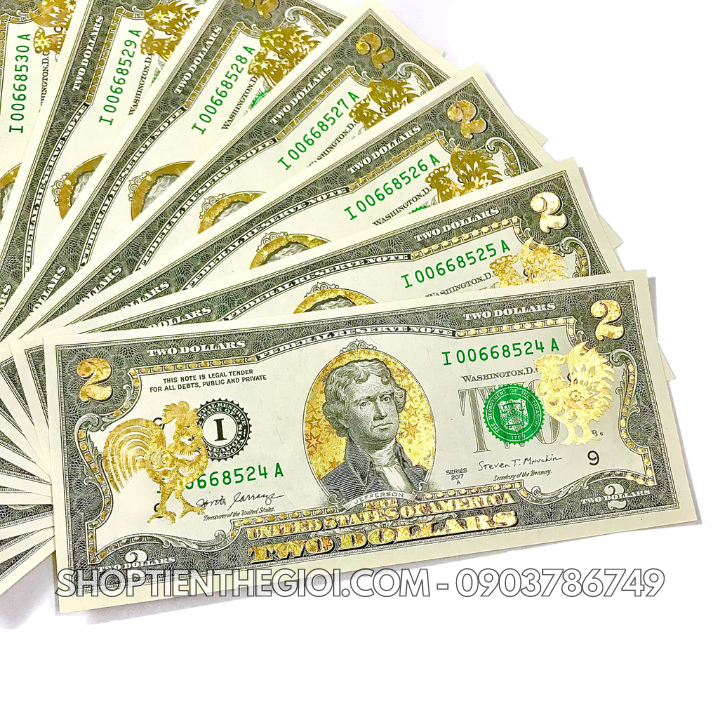 Tiền 2 USD in hình con Gà 3D nhũ vàng 